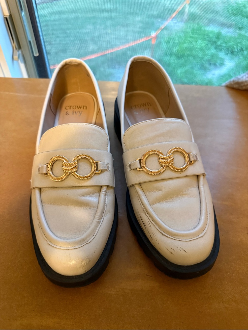 crown & ivy Cream Loafers with Gold Chain Detail